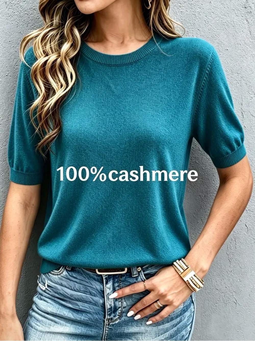 Royal blue Cashmere Short-Sleeve Crewneck Top